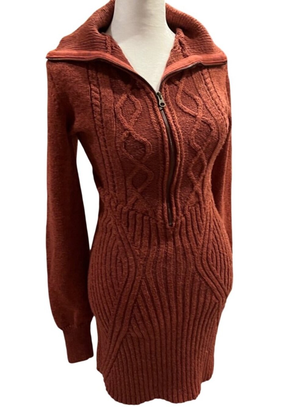 Free People Rust Orange Brown Cable Knit Half Zip Sweater Dress A-Line